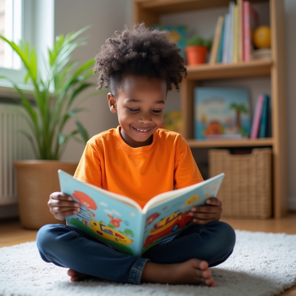 Young child reading a book independently with concentration