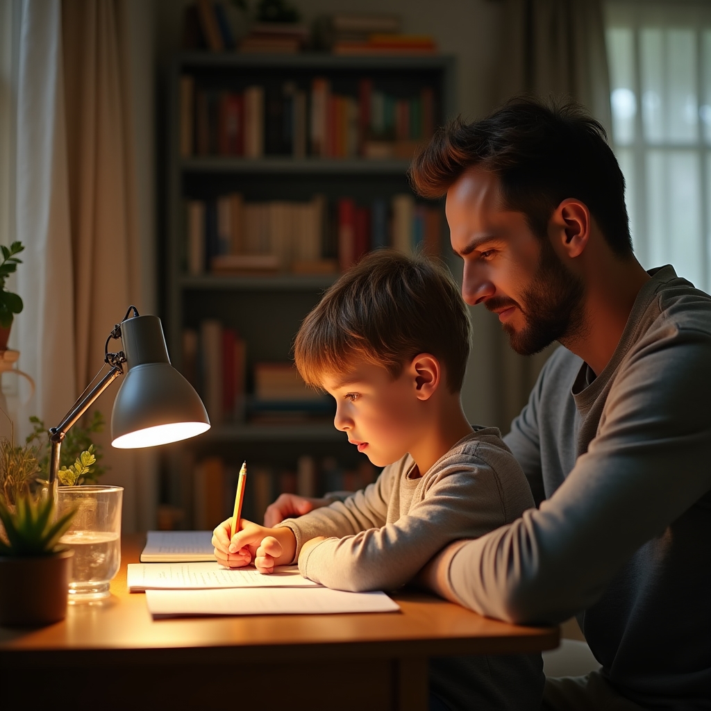 Calm parent supporting child at homework desk with patient expression