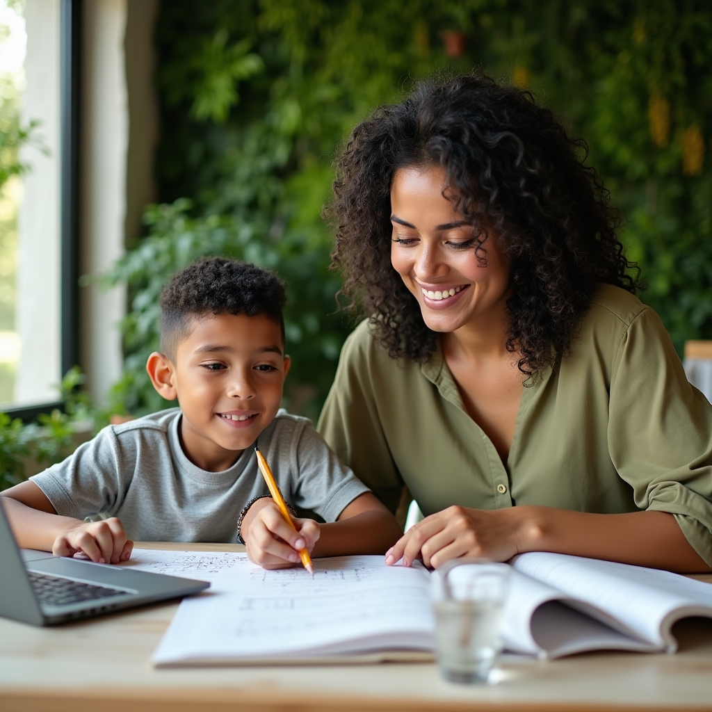 Mother and son working together on school assignments at home