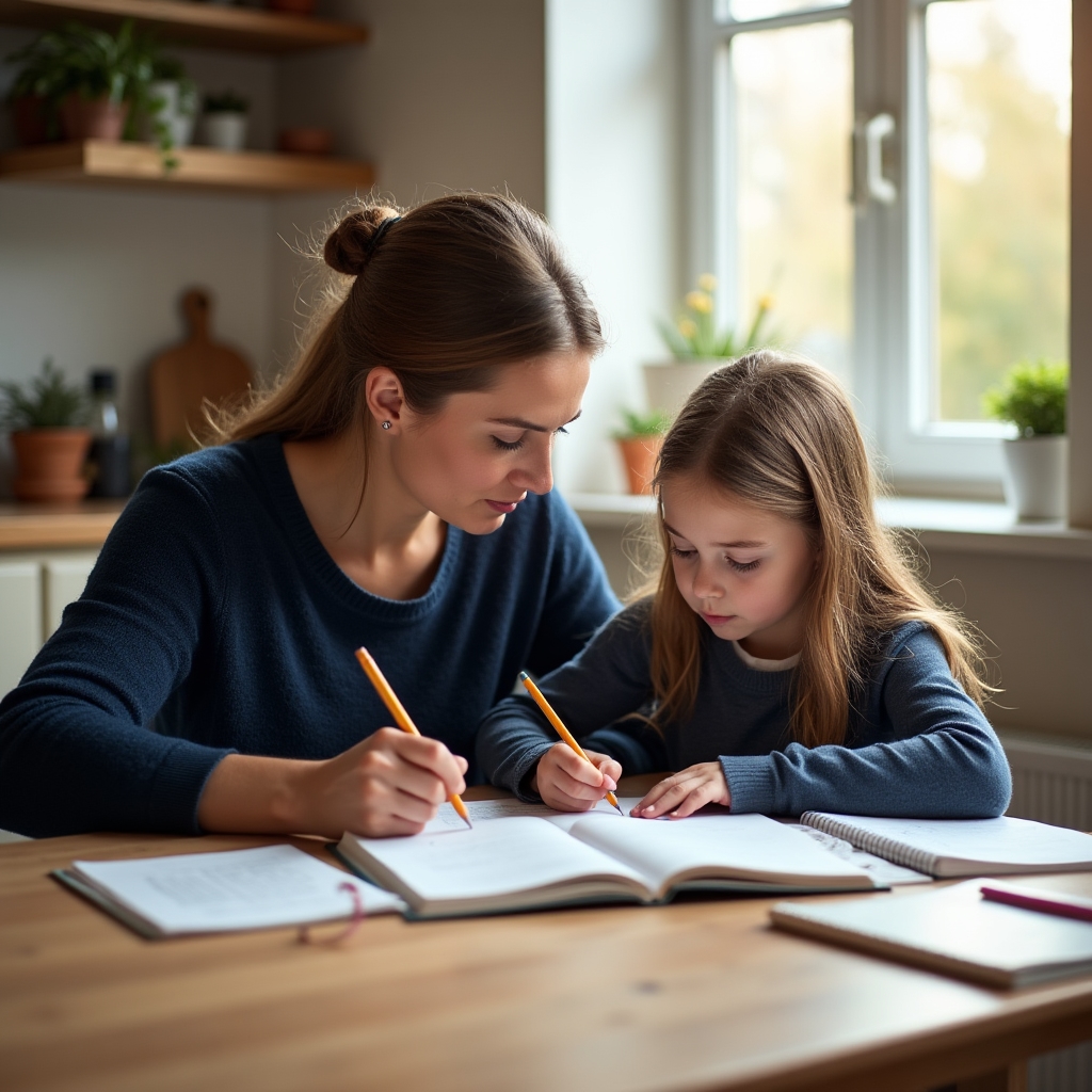 Parent helping child with homework at kitchen table