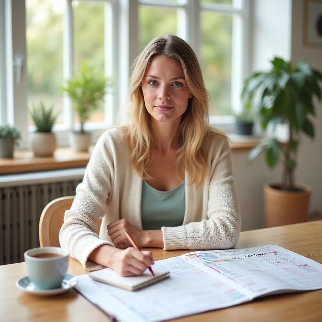 Parent reviewing printed study guides and resources at kitchen table